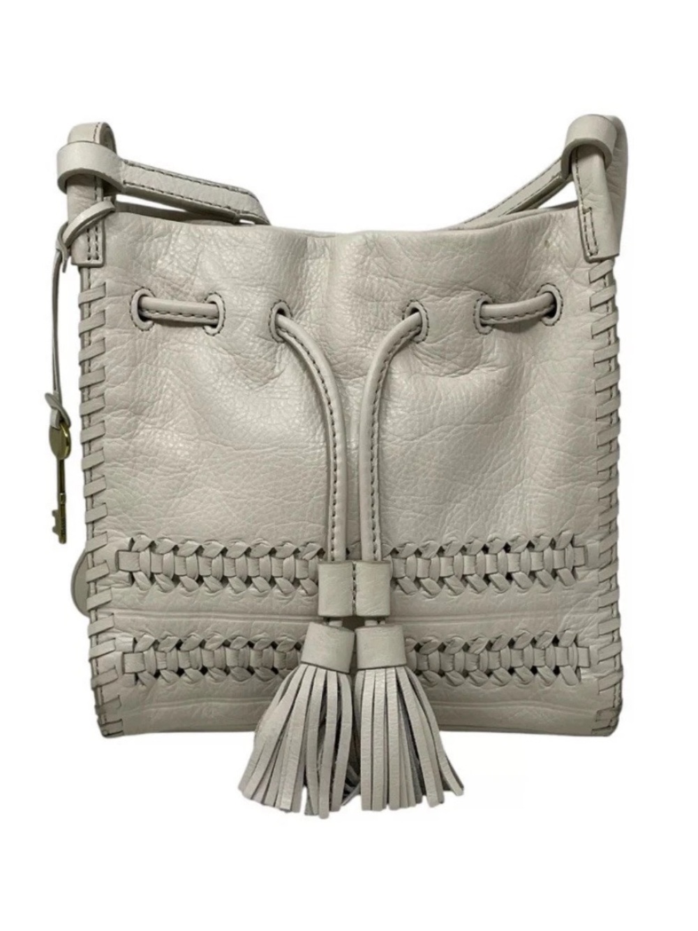 Fossil off White Soft Leather Tassel Woven 10x10 Crossbody Purse Pouch
